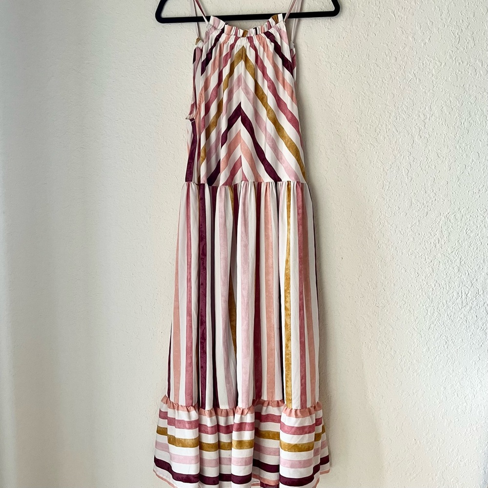 World Market Halter Striped Maxi Midi Ruffle Dress Multi Color Flowy Drapey Soft